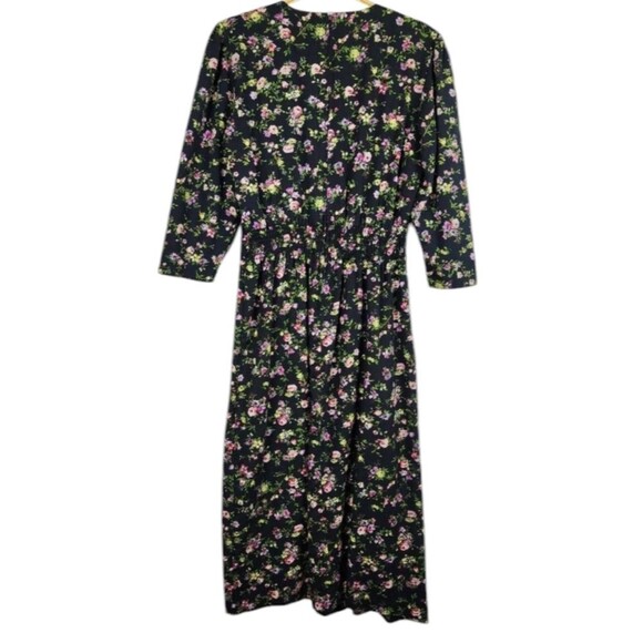 Worthington Dress Vintage 80s 90s Puffed 3/4 Sleeves Floral Pink on Black 10/12 - Picture 2 of 13